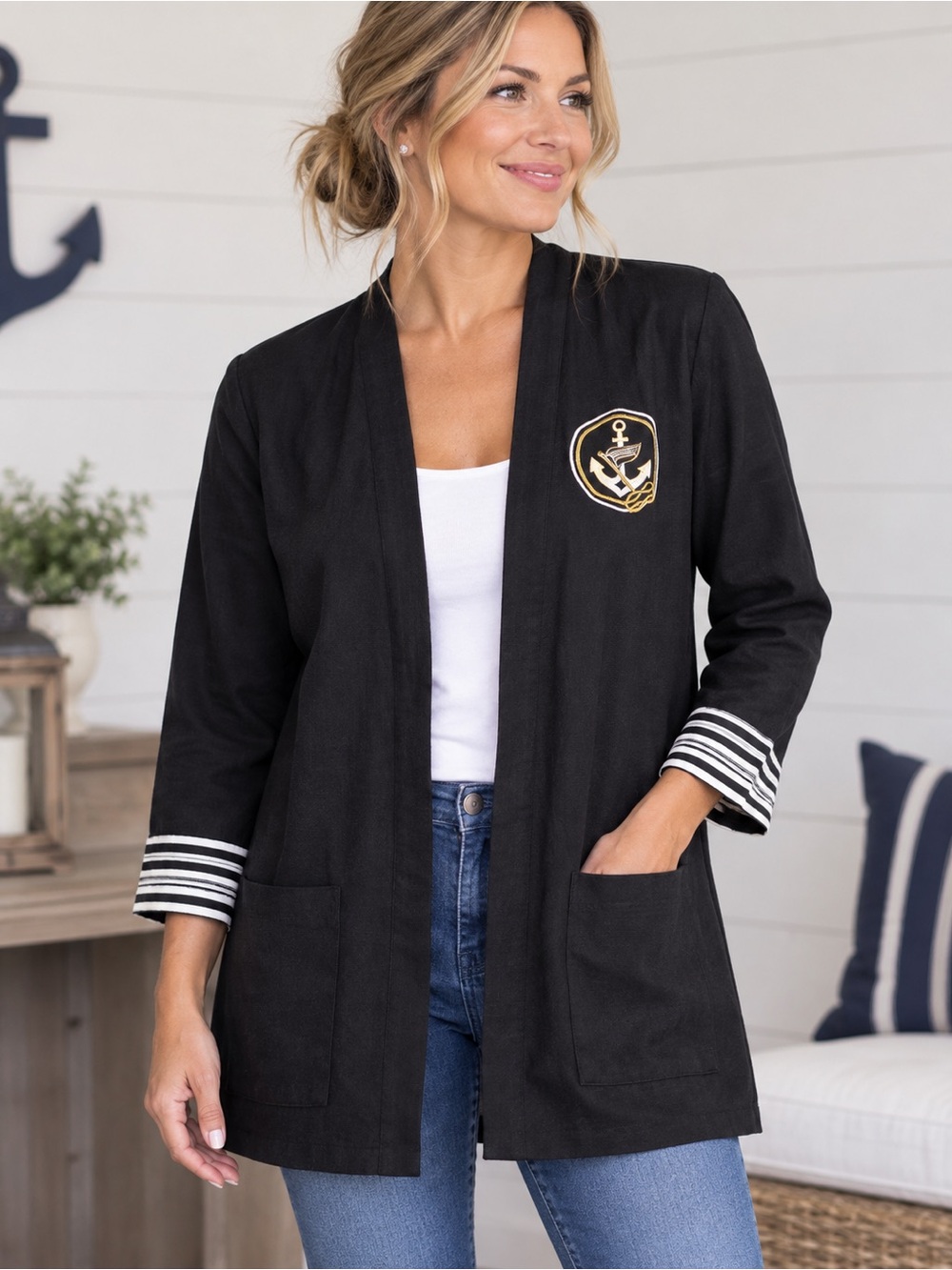 Algo Vintage Black Nautical Embroidered Open Blazer